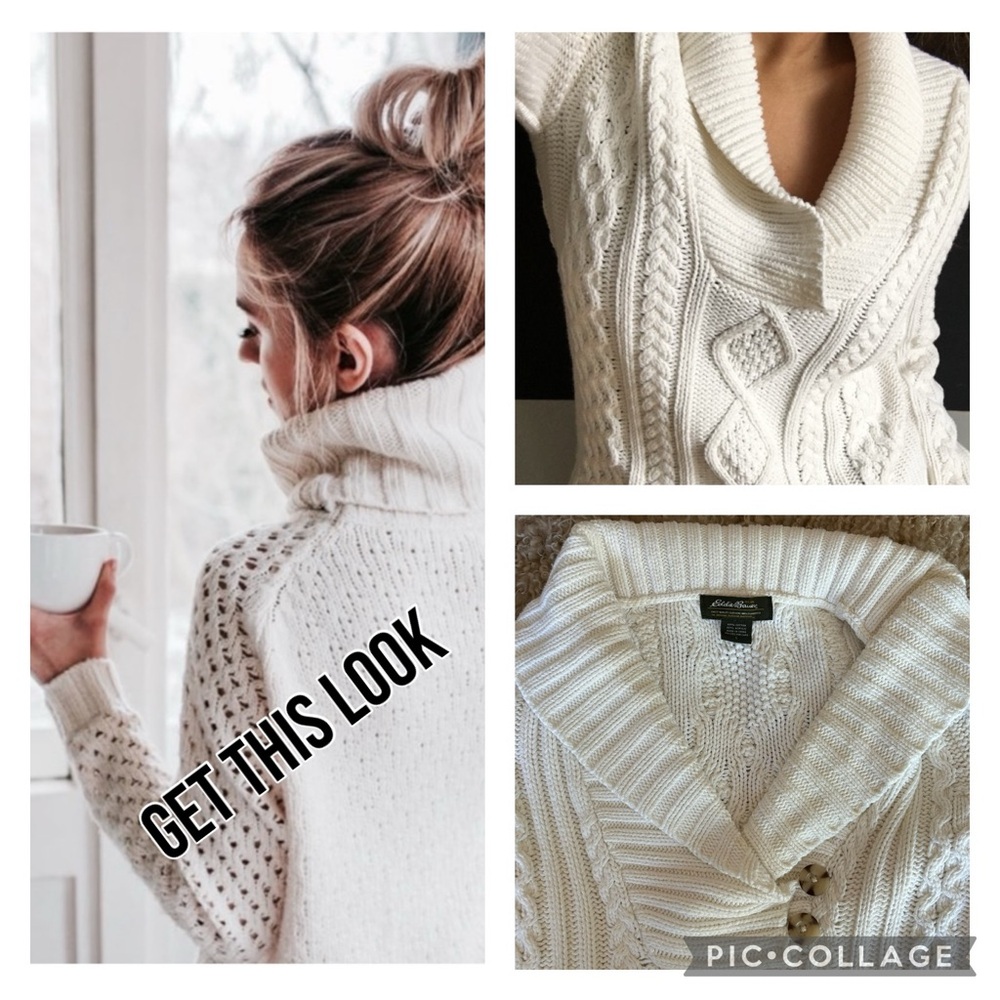 Eddie Bauer cotton wide shawl neck cable knit  sweater L
